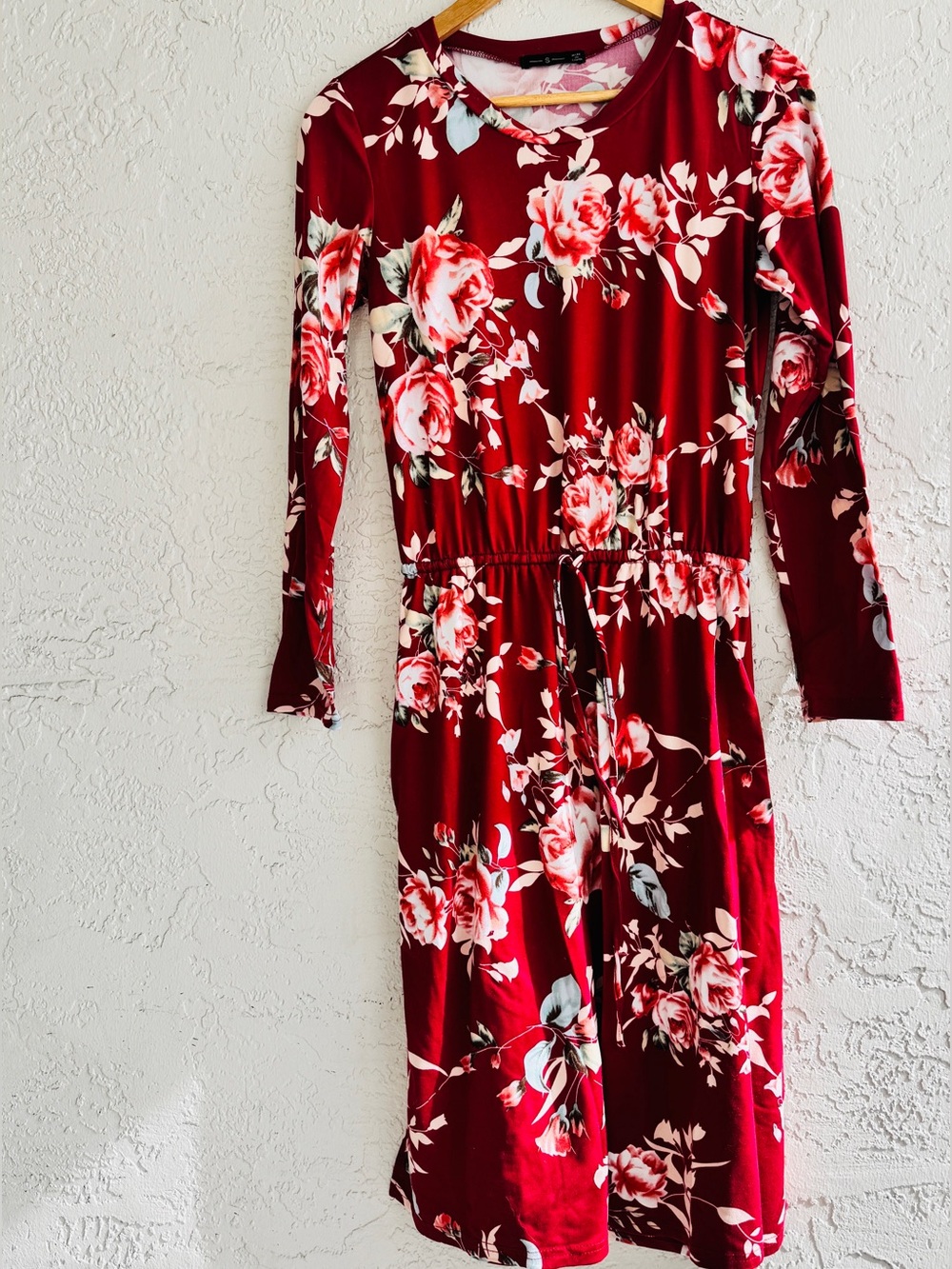 Women’s Floral Long Sleeve Red Midi Dress with Pockets